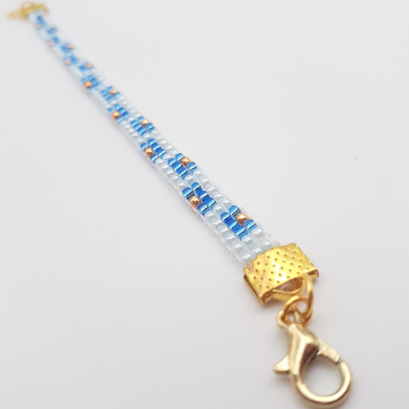 Geometric Blues and Gold Miyuki Glass Seed Bead Loom Beaded Thin Bracelet