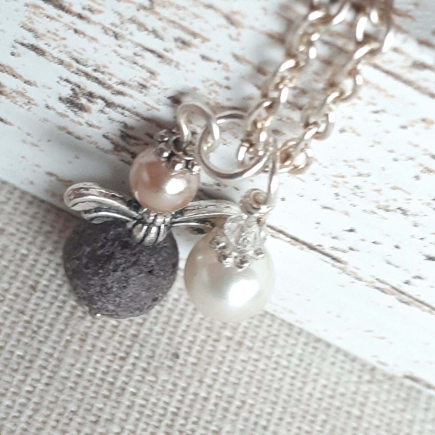 Lava Bead and Pearl Guardian Angel Charm and Pearl Charm Dangle on a Sterling Silver Necklace Chain