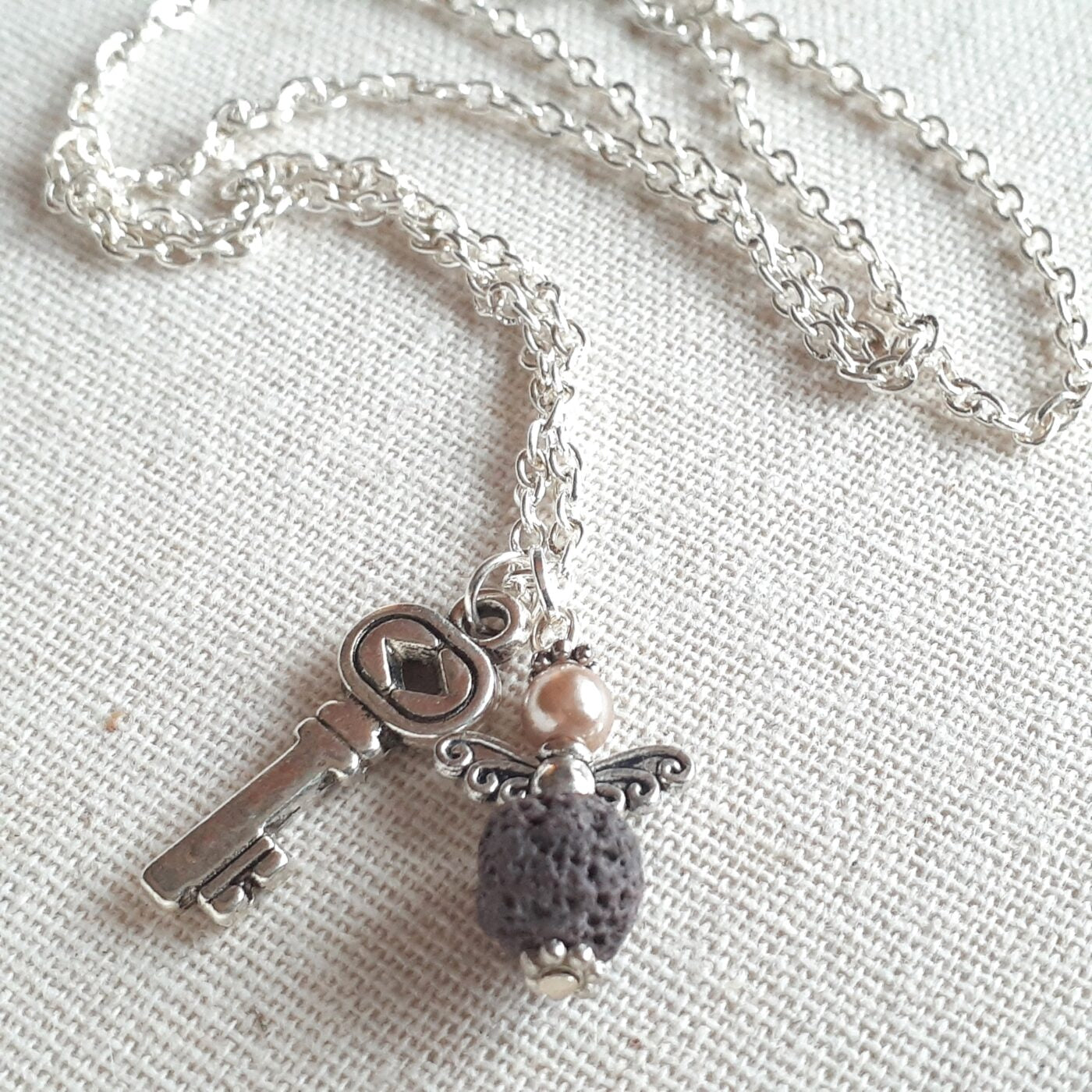 Lava Bead and Pearl Guardian Tiny Angel Charm and Tibetan Silver 3D Key Charm on Sterling Silver Chain Necklace