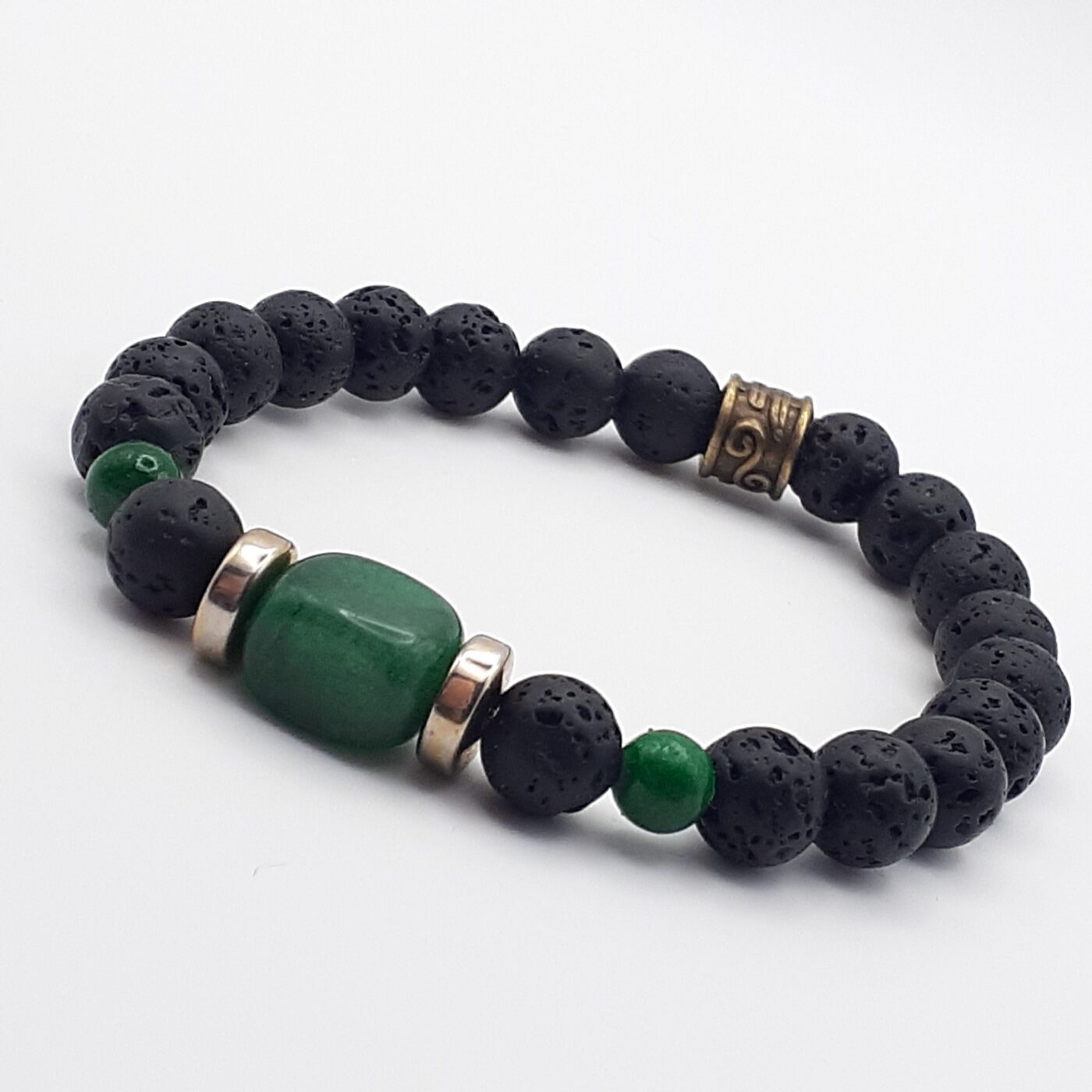 Lava stone stretch bracelet with green focal beads