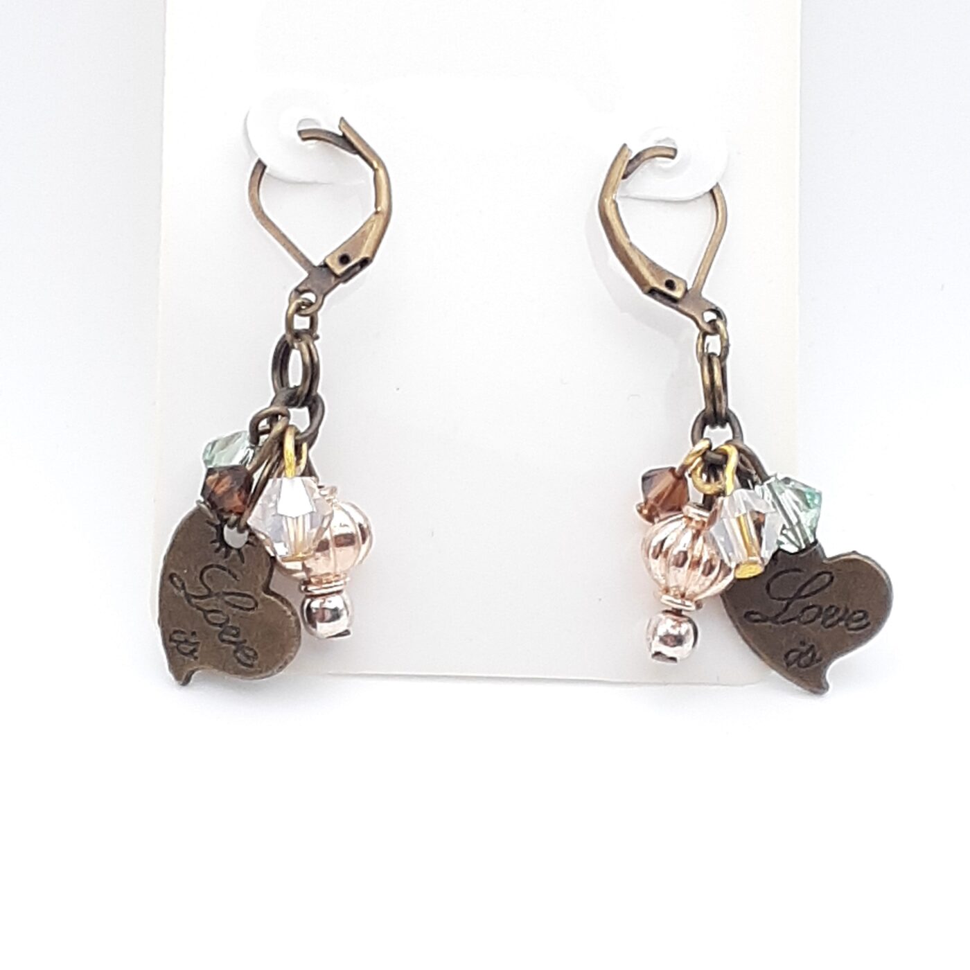 Love heart crystal earrings in bronze on lever back earrings