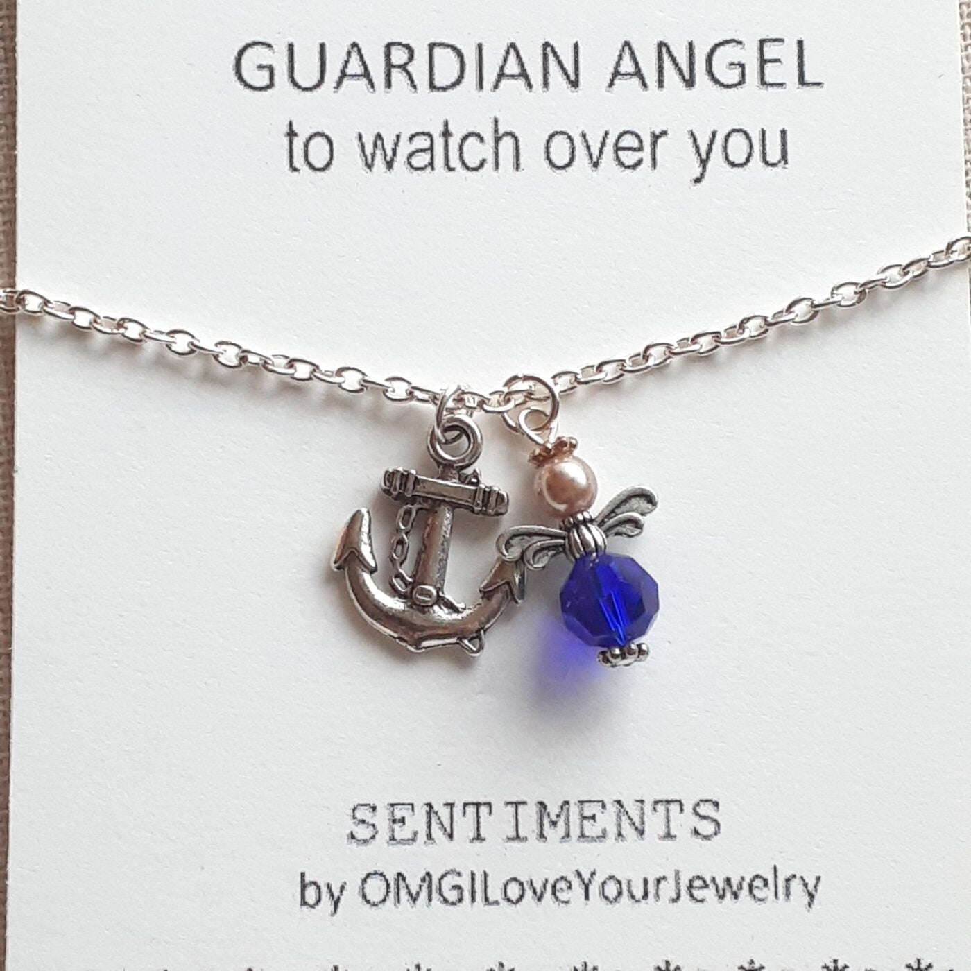 Mariners Guardian Angel Sapphire Blue Czech Crystal and Pearl Tiny Angel Charm on a Sterling Silver Necklace Chain with a Tibetan Silver 3D Anchor Charm