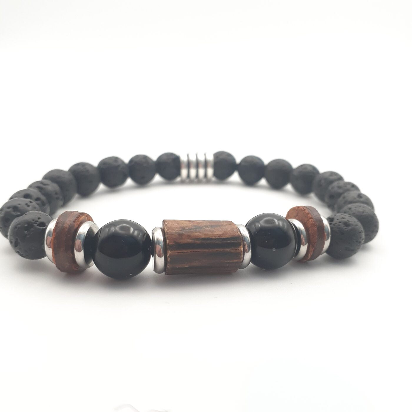 Mens Ladies Unisex Black Lava Stone and Natural Wood Bead with Silver Accents Stretch Bracelet
