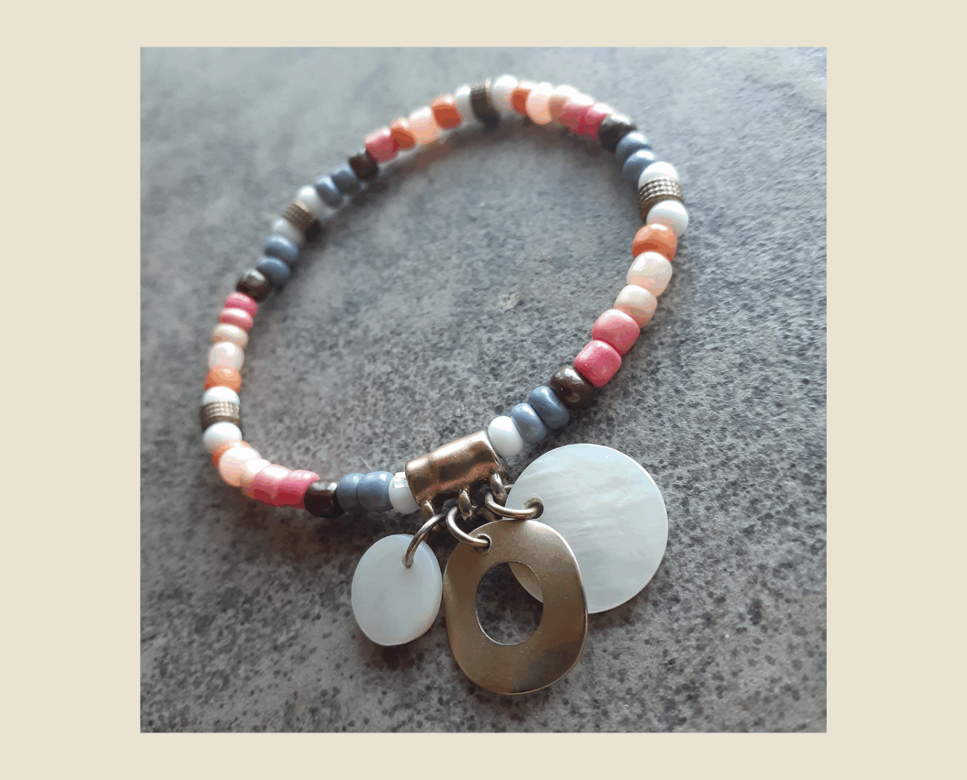 Modern and Chic Colour Seed Bead Stretch Style Bracelet with Mother of Pearl Shell and Brass Round Pendants