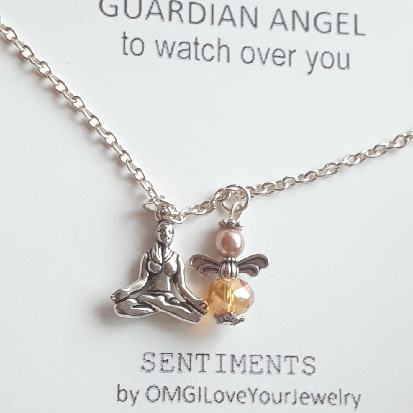 Namaste Guardian Angel Charm on Sterling Silver Chain with a Tibetan Silver 3D Yoga Charm