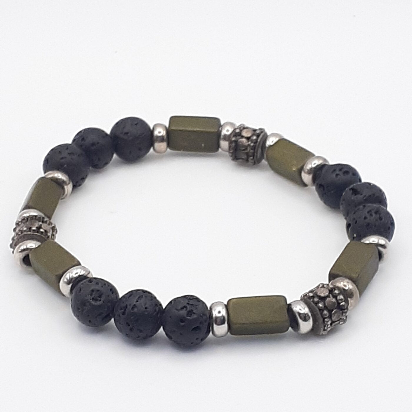 Olive Green Beaded Black Lava Stone Stretch Bracelet