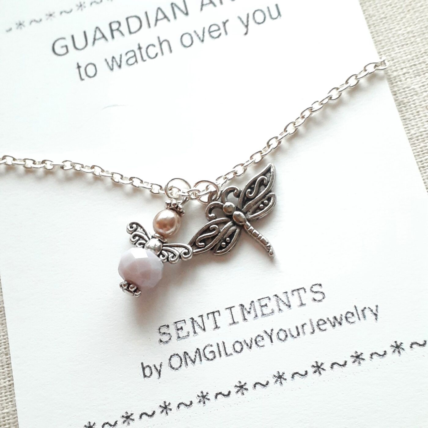Opaque White Faceted Czech Crystal and Pearl Guardian Angel Charm with a 3D Dragonfly Charm on a Sterling Silver Chain Necklace