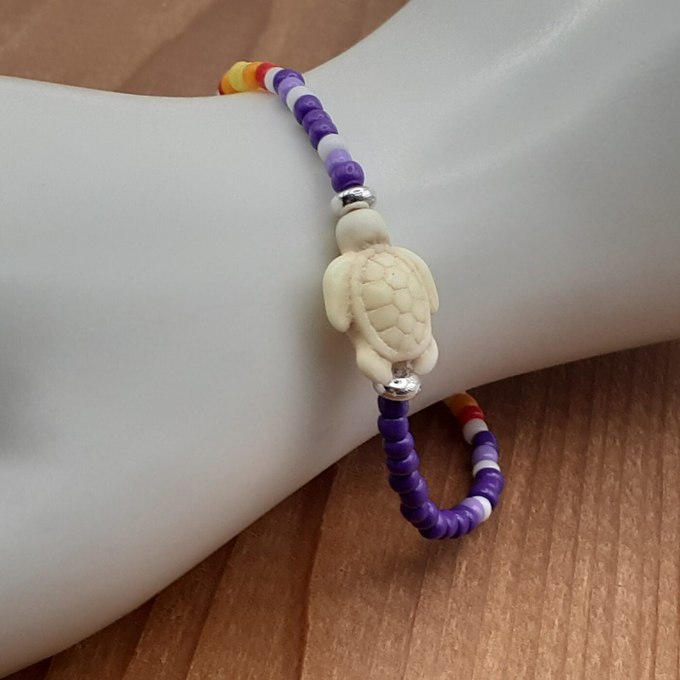 Purple Passion Stretch Colourful Seed Bead Bracelet with Seaturtle Stone Charm and Bands of Vibrant Colours