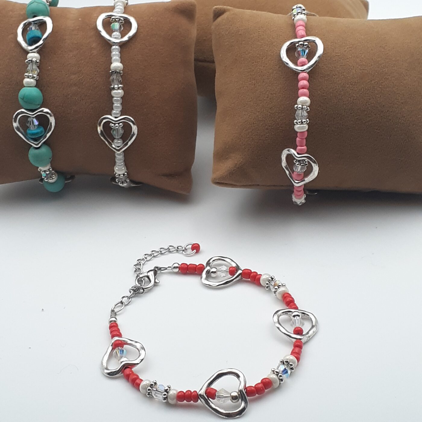 Red Seed Bead Heart Charm Bracelet with Sparkling Swarovski Crystals
