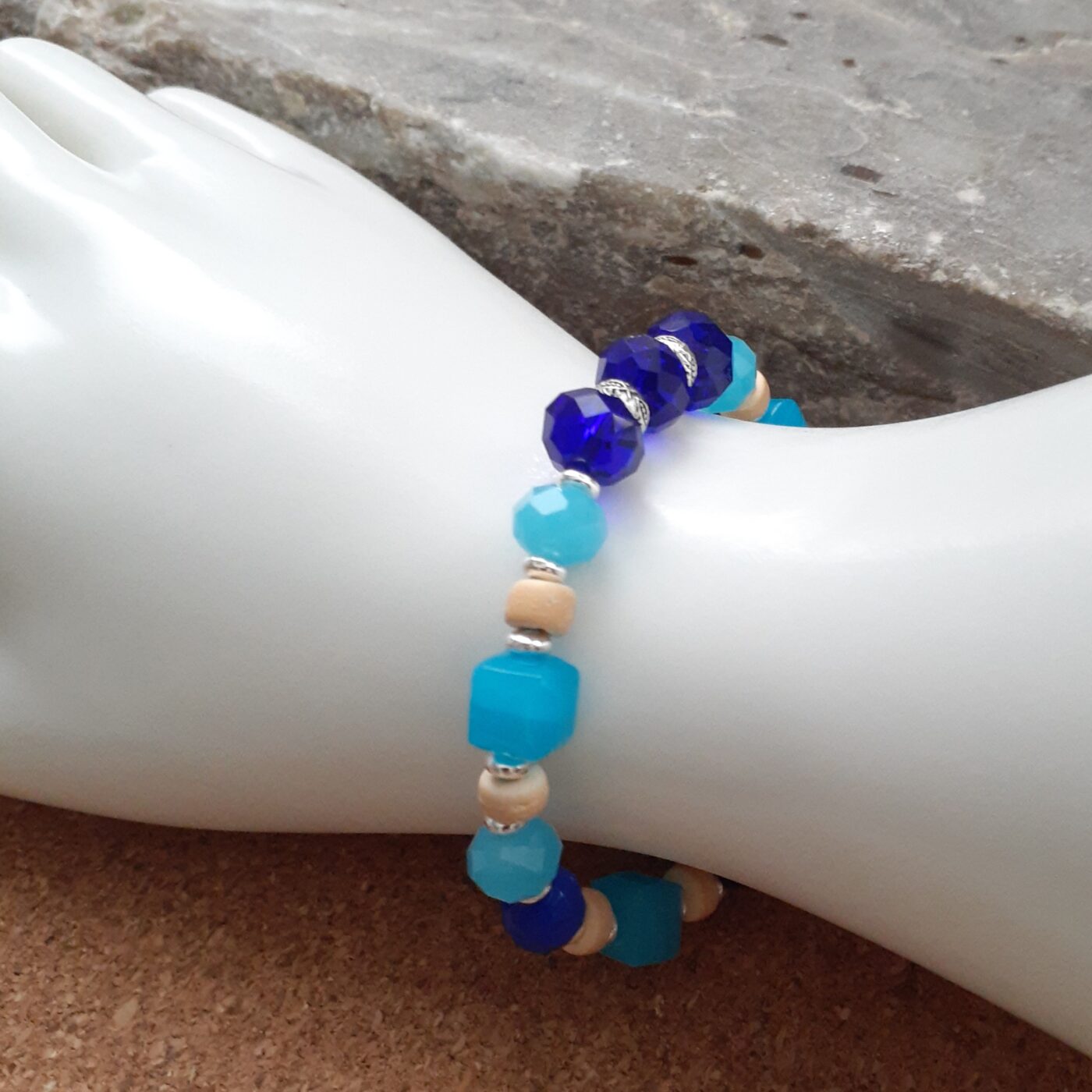 Royal Blue Glass Faceted Czech Crystal Beads and Sky Blue Cube Beads Stretch Bracelet