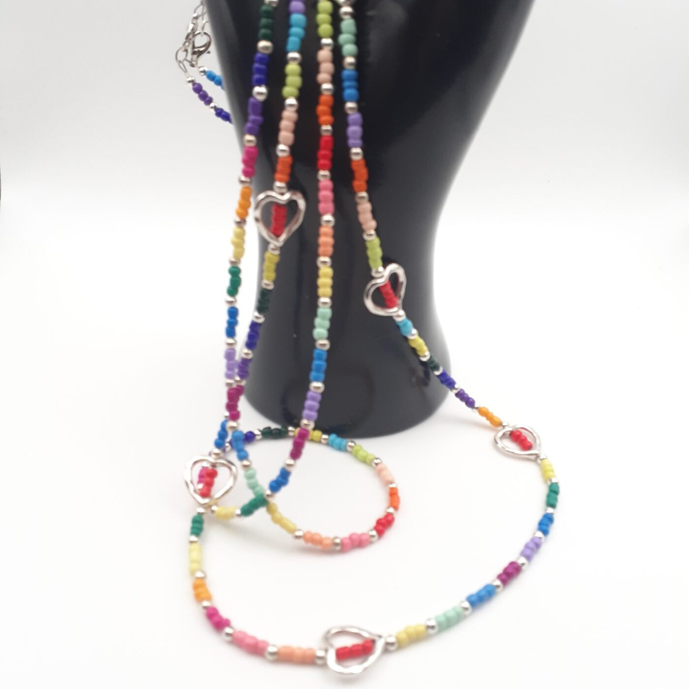 Set of 2 Long Bright Colourful Seed Bead Heart Charm Necklaces