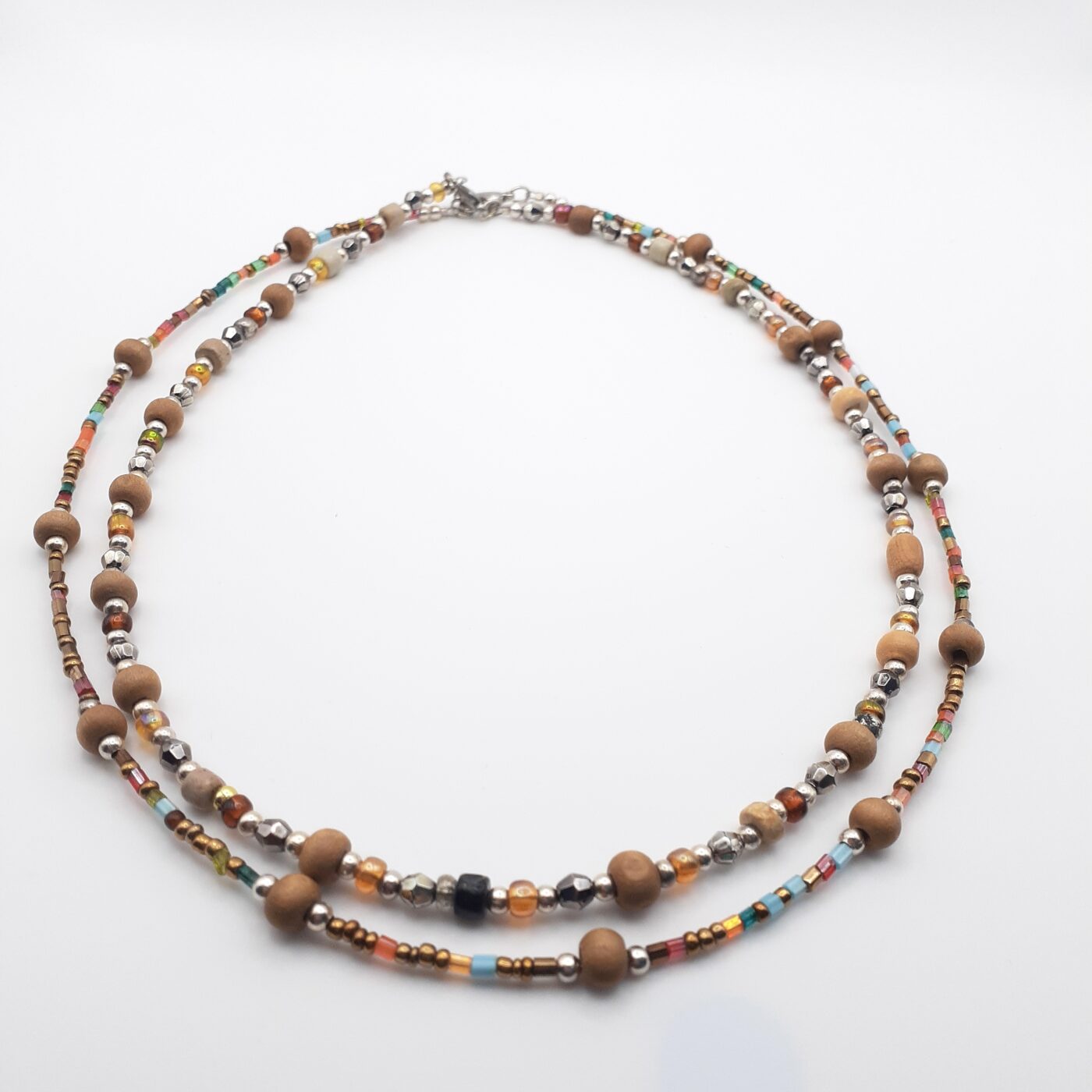 Set of 2 Thin Short Necklaces with Wood Beads and Colourful Glass Beads