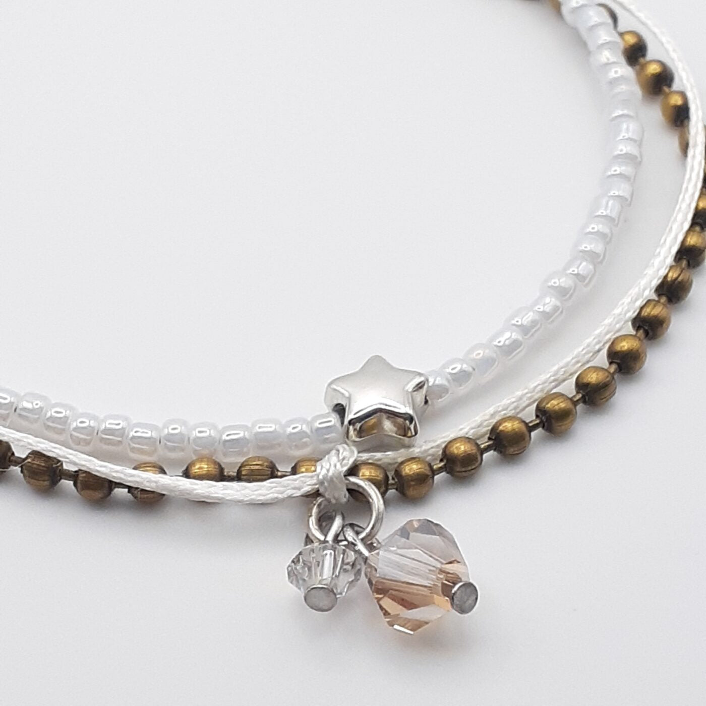 Set of 2 White Seed Bead and Ball Chain Thin Bracelets with Satin Cord Star and Crystals