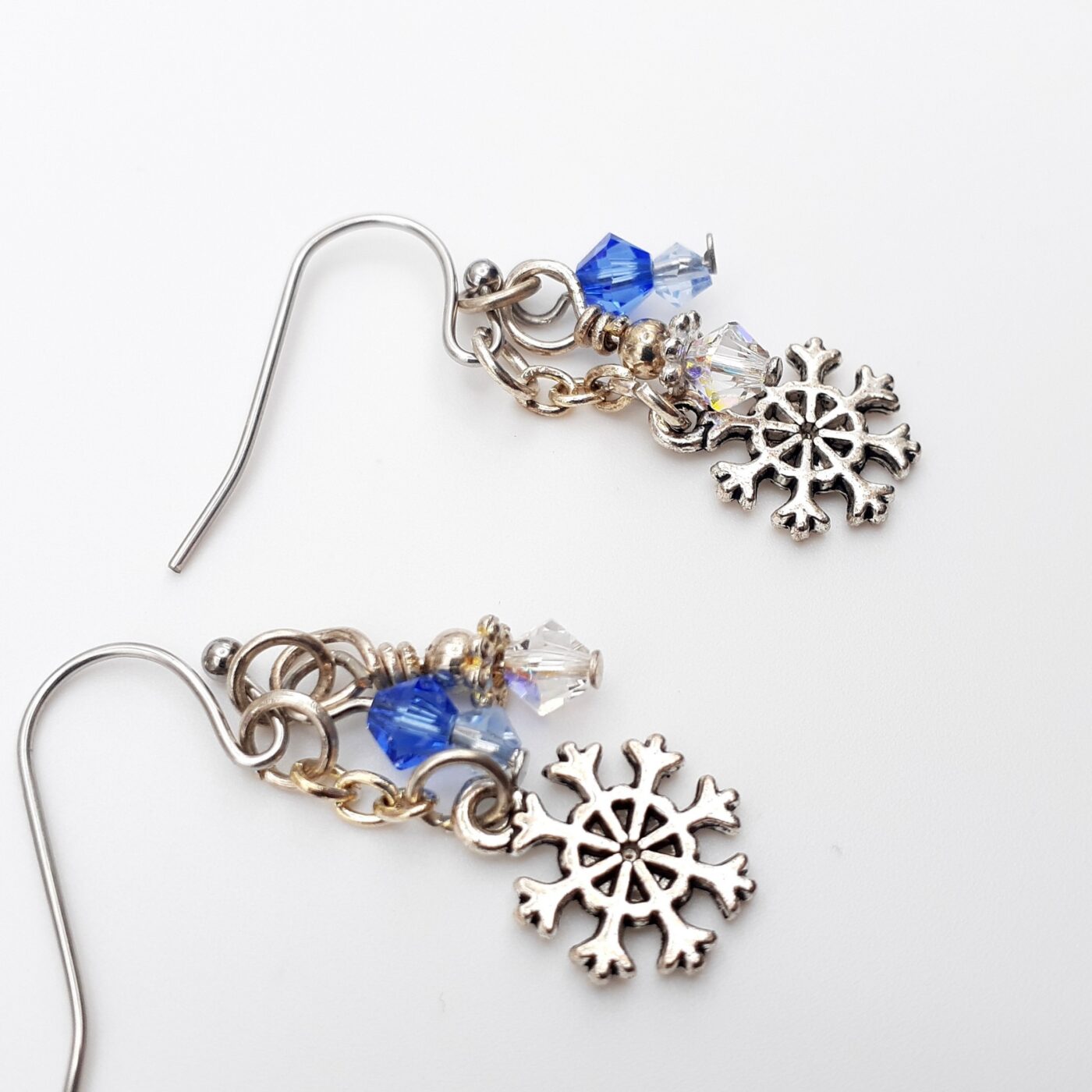 Silver Snowflake Charm Dangle Earrings with Icy Blue and Clear Swarovski Sparkling Crystals