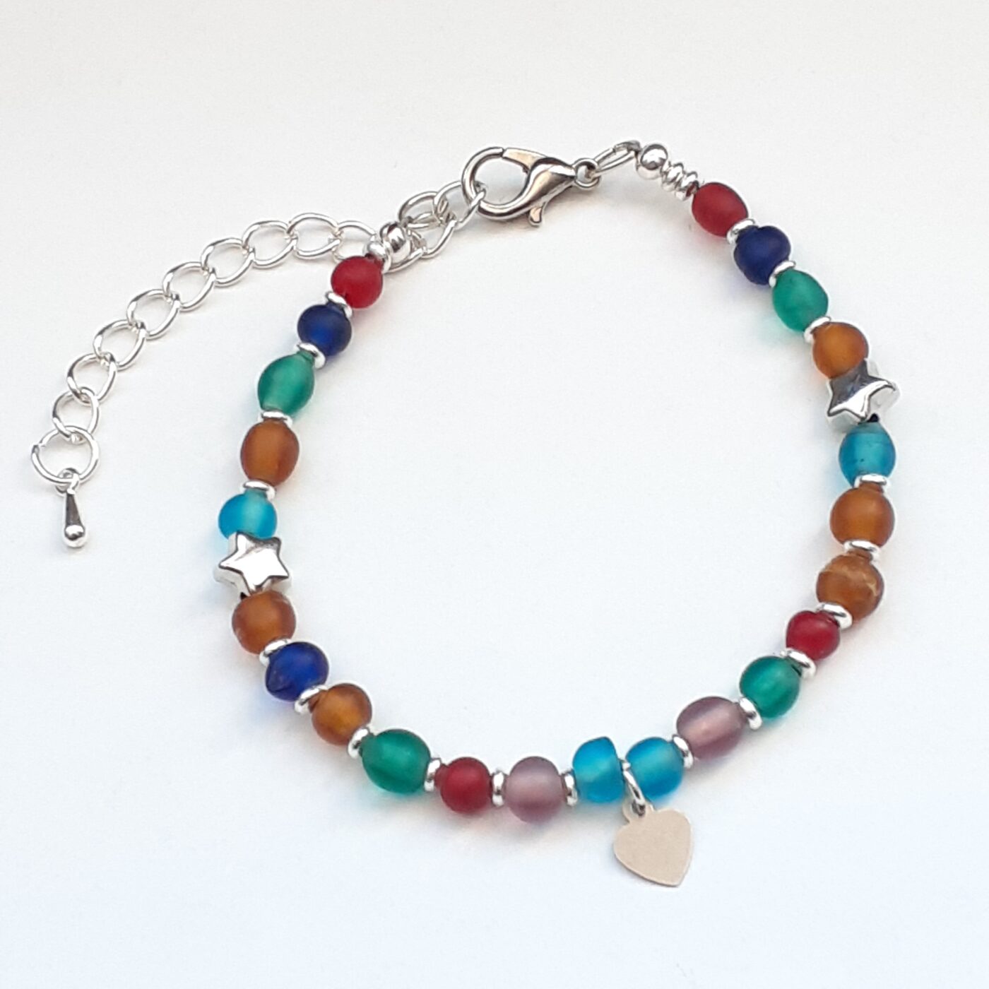 Silver Stars Frosted Colourful Beaded Adjustable Bracelet with a Tiny Heart Charm