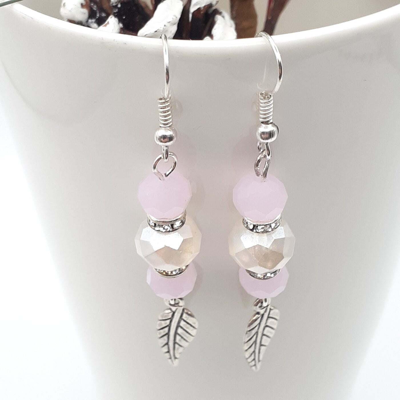 Soft Passionate Pink Perfection Earrings with Faceted Czech Crystals and Rhinestones and Silver Leaves
