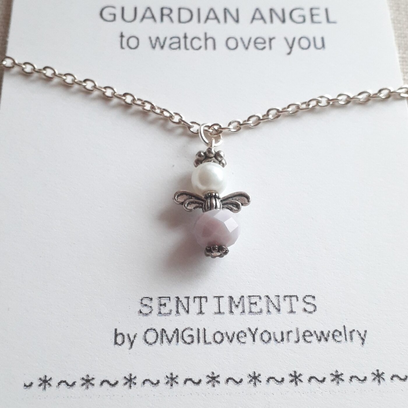 Sterling Silver Chain Necklace with Lava Bead and Swarovski crystal Angel Charm and 3D Brass Feather Charm