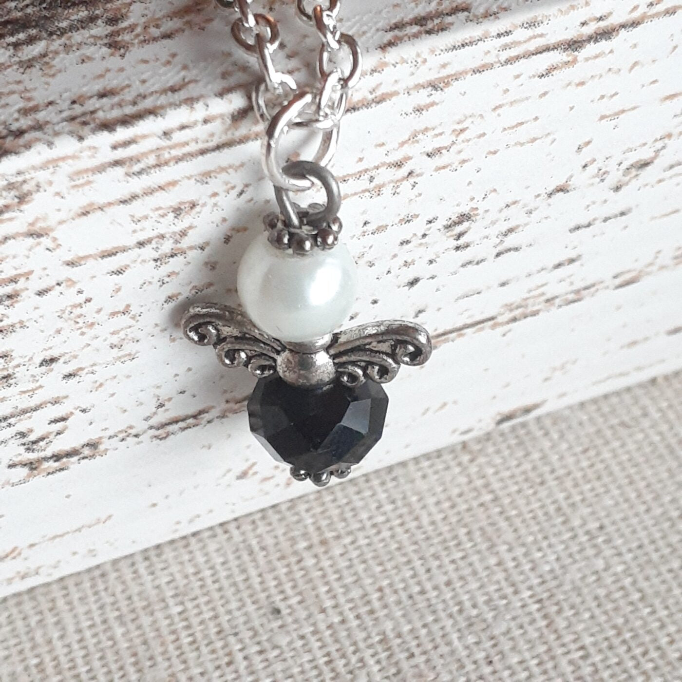 Stunning Black Faceted Czech Crystal Guardian Angel Charm on a Sterling Silver Chain Necklace