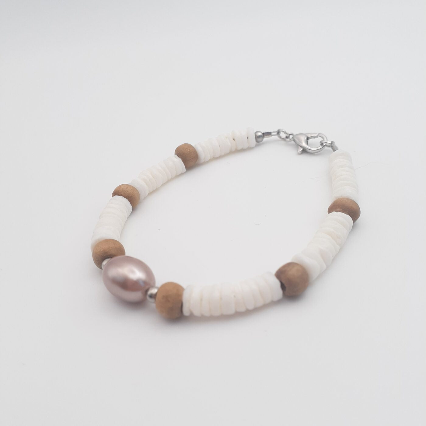 Taupe Pearl Bracelet with Natural Wood Beads and White Heishi Beads