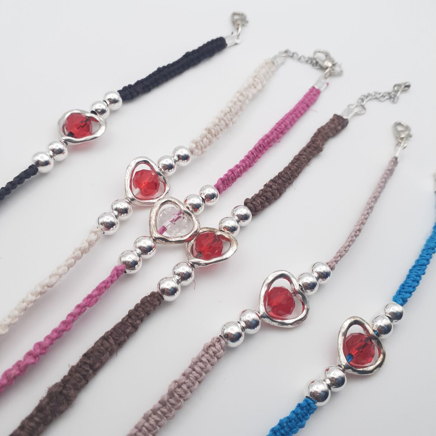 Thin Pink Hemp Macrame Bracelet with Heart-Shaped Silver Charm and Clear Faceted Crystal