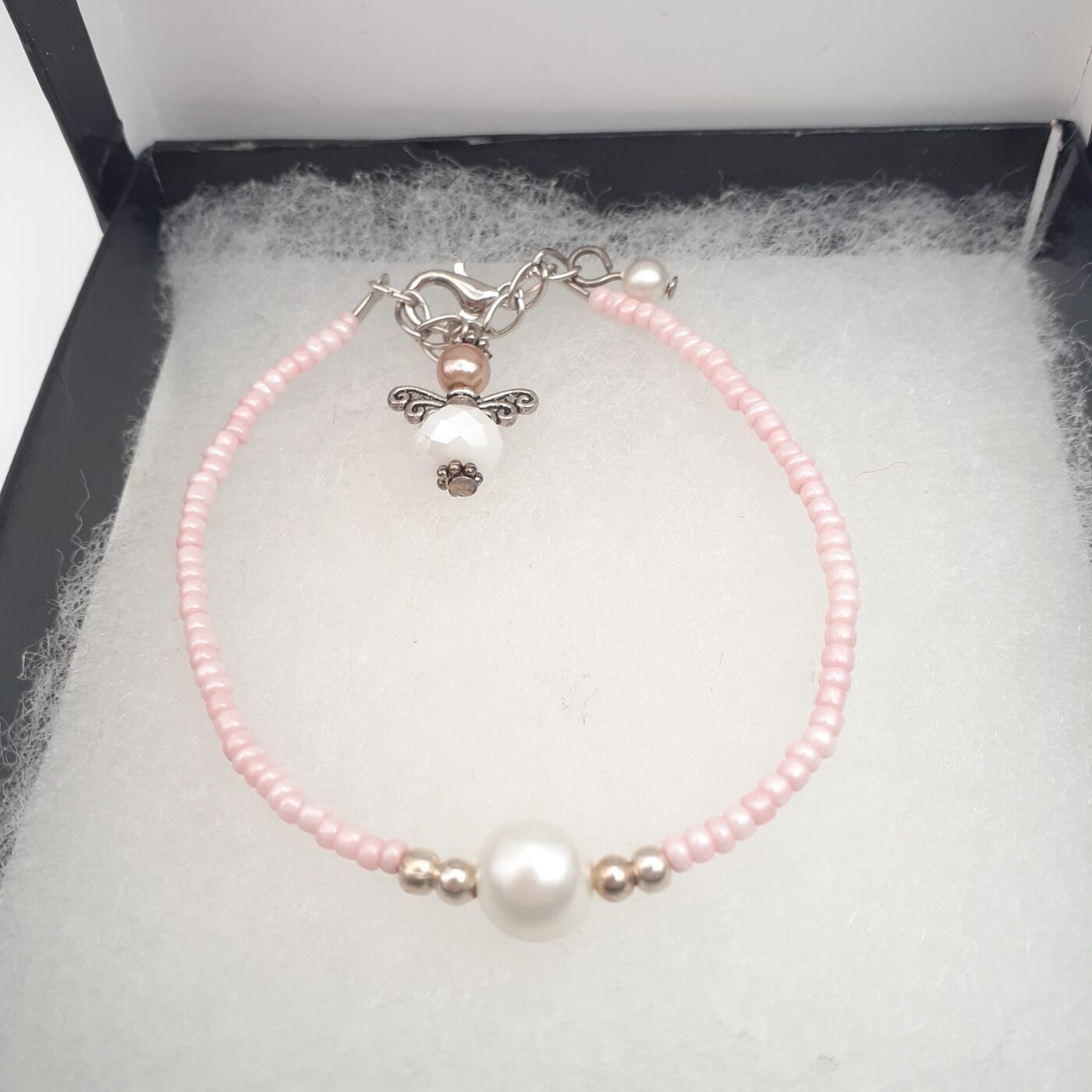 Thin Pink Seed Bead and Pearl Bracelet with an Angel Charm