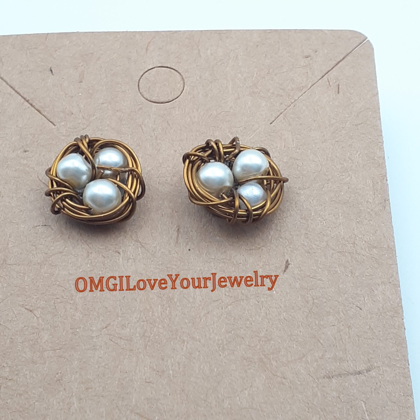 Tiny Copper Colour Wire Wrapped Pearls Bird Nest Post Stud Style Earrings