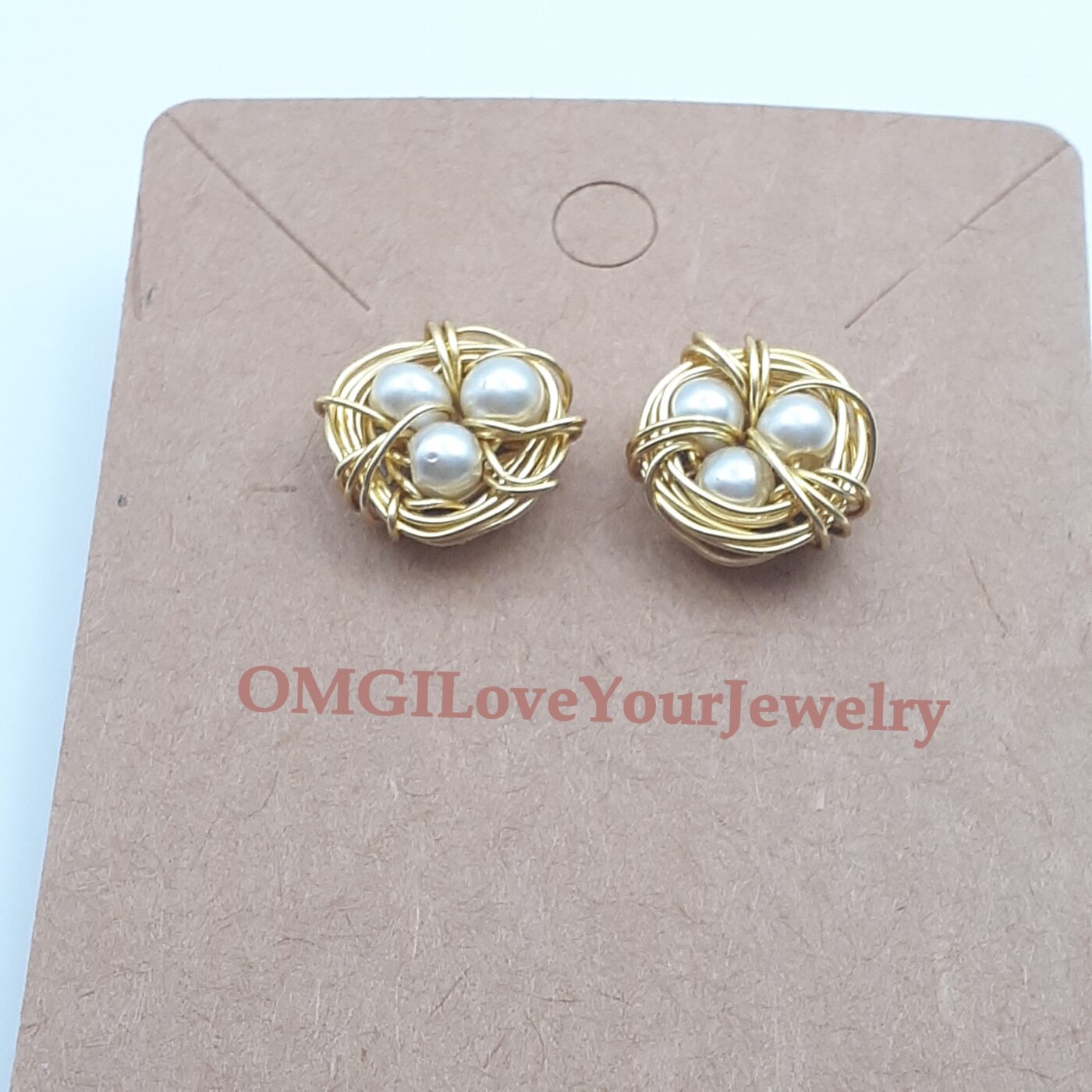 Tiny Gold Colour Wire Wrapped Pearls Bird Nest Post Stud Style Earrings