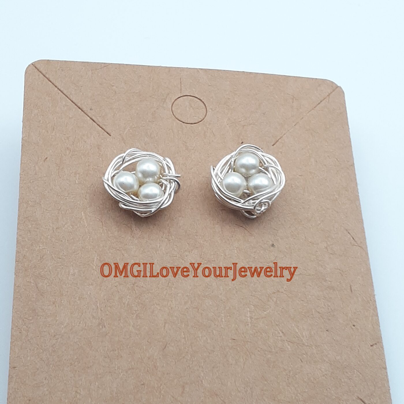 Tiny Silver Colour Wire Wrapped Pearls Bird Nest Post Stud Style Earrings