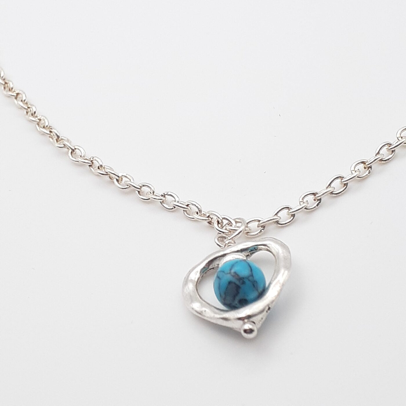 Turquoise Howlite Stone Bead in Brushed Silver Open Heart-Shape Pendant Necklace on Sterling Silver Chain