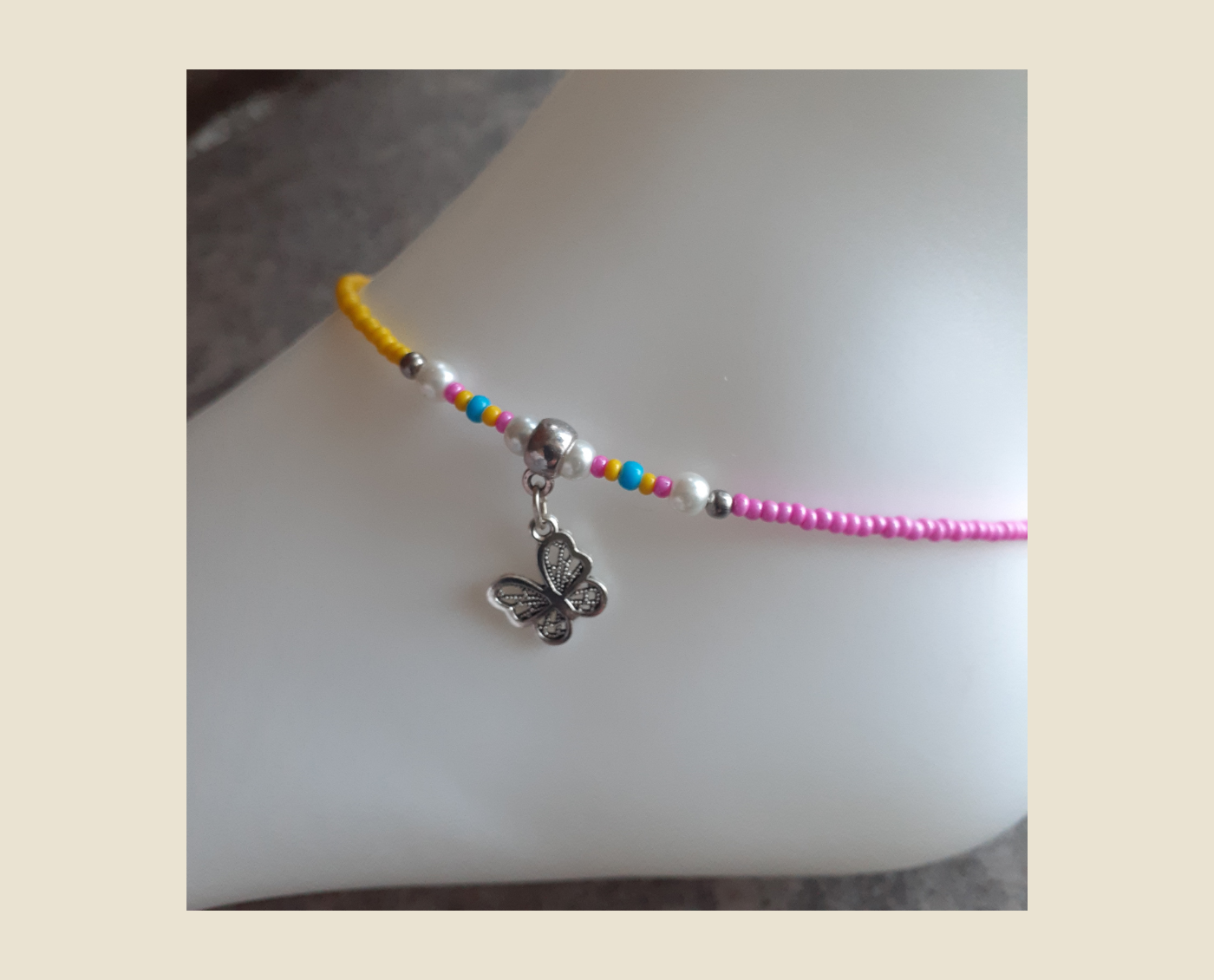 Vibrantly Coloured Seed Bead Anklet with a Tiny Delicate Silver Butterfly Charm and Pearls