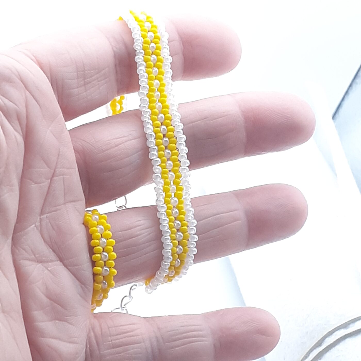 Yellow and White Seed Bead Handwoven Bracelet And Ring Set