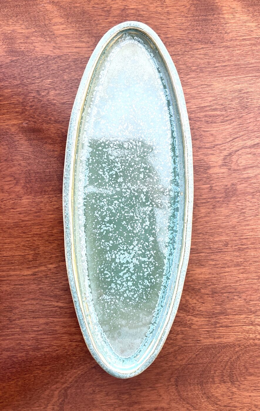 Oval stoneware serving dish, ivy green speckled glaze with crystal-like sparkle