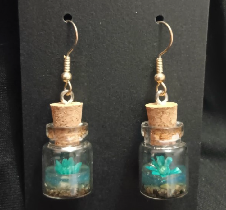 Flower-in-bottle dangle earrings with cork stopper and turquoise flower inside glass vial