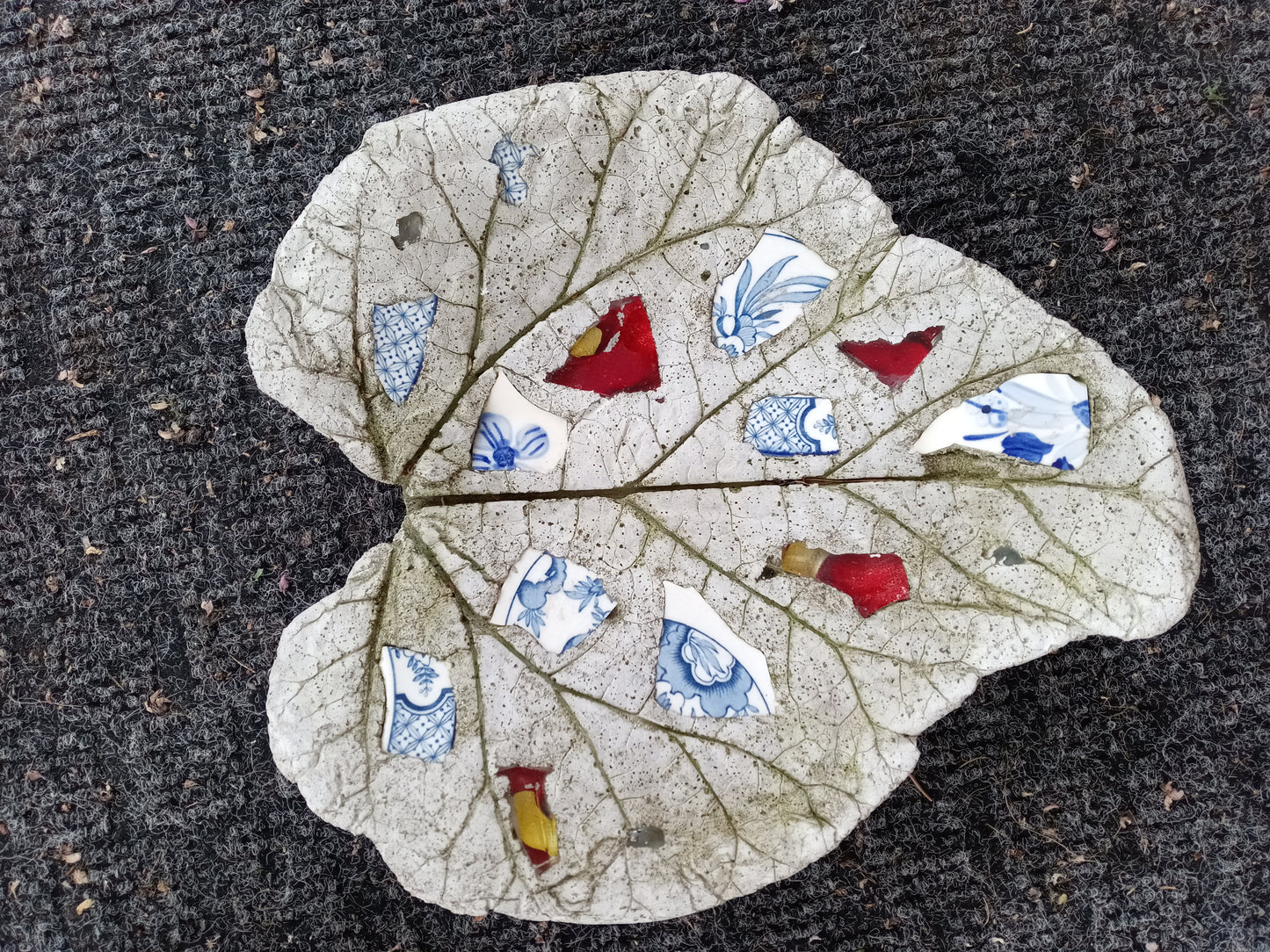Cement Rhubarb Leaf (with china and coloured glass)