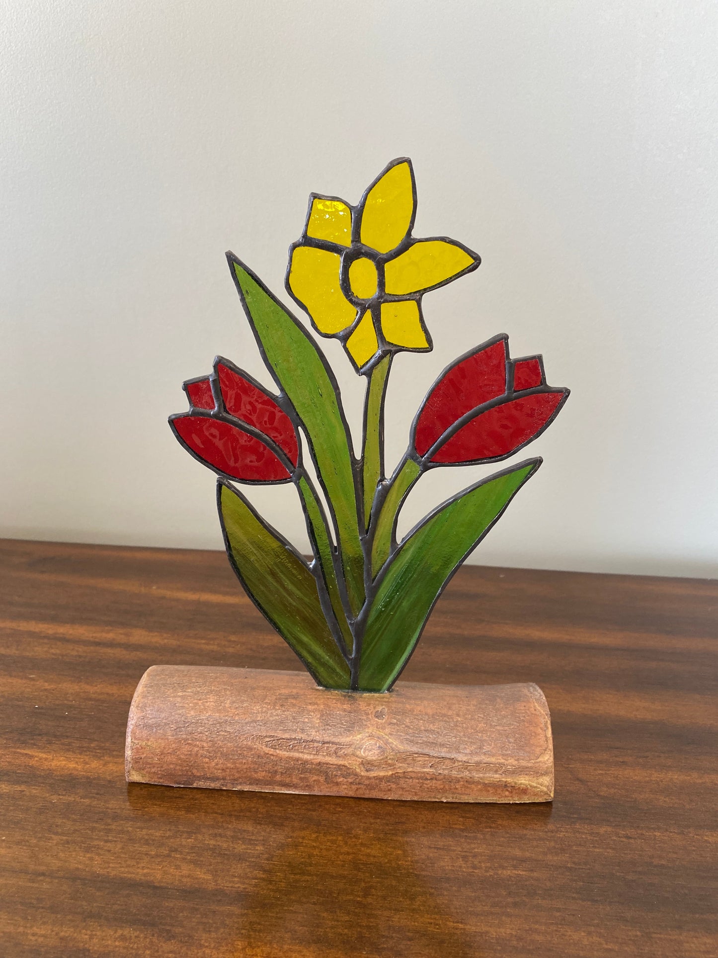 Stained Glass Tulip & Daffodil Spring Bouquet on Driftwood Base - available in a variety of colours