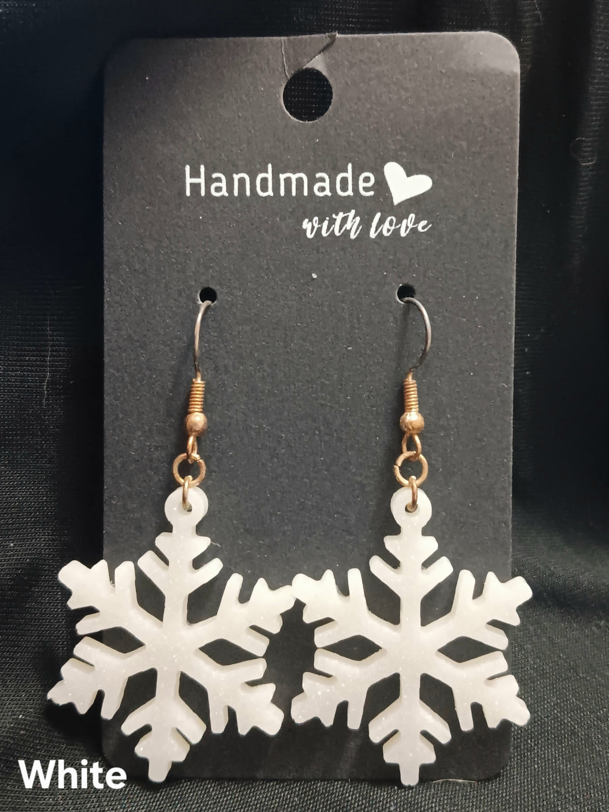 White thin snowflake dangle earrings, fishhook with dangling snowflake drops