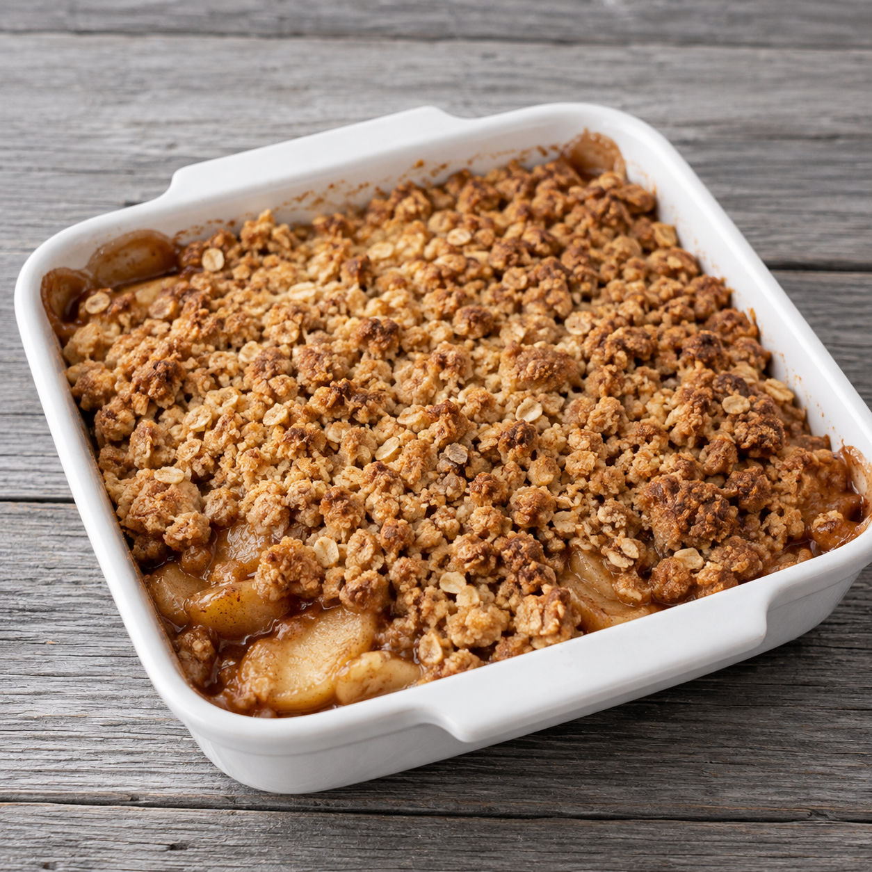 Apple crisp in white baking dish, topped with golden-brown crumb topping and sliced apples
