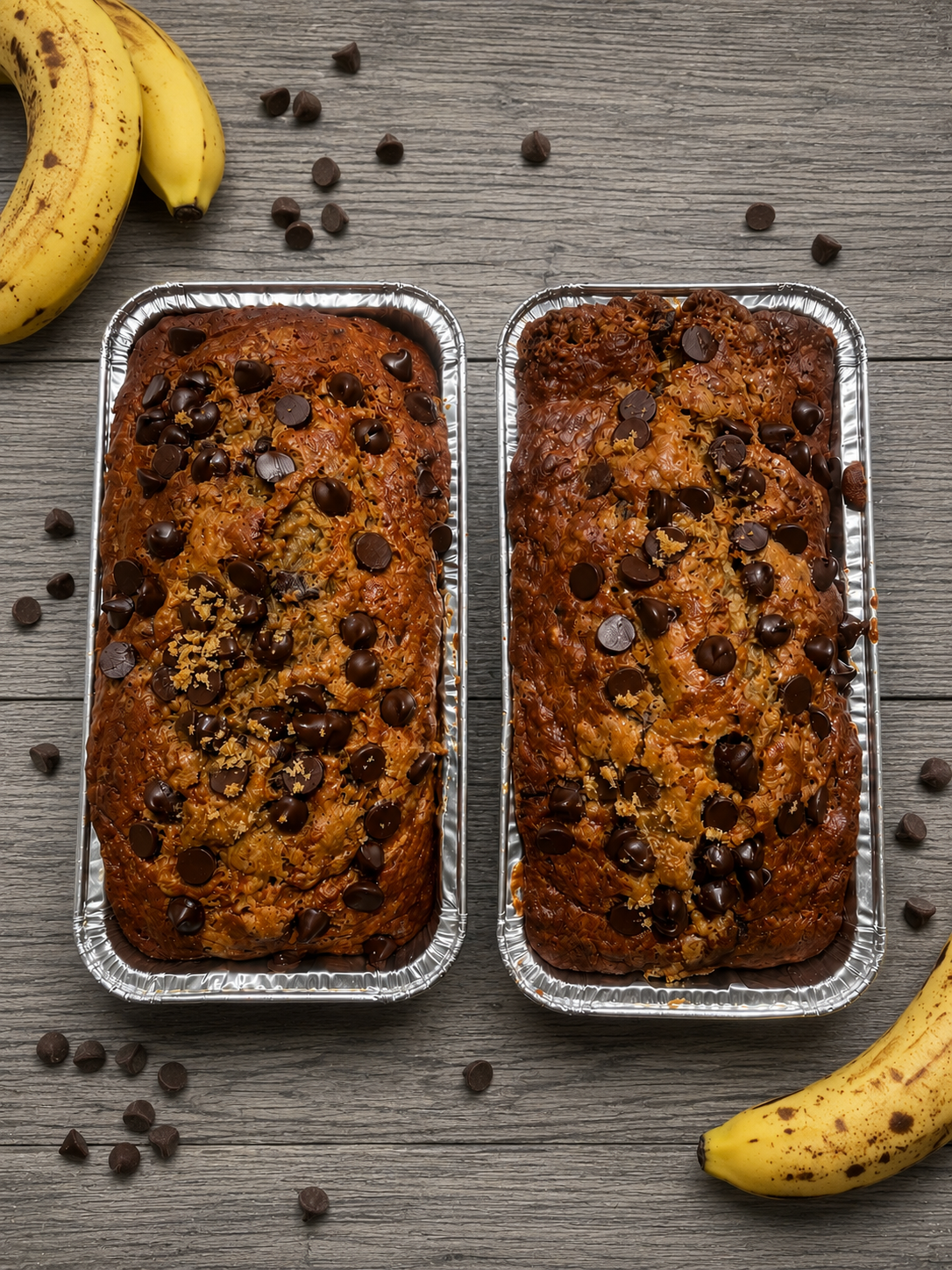 Banana bread loafs in foil pans with chocolate chips