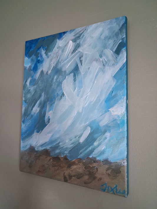 Abstract sky-blue and white canvas painting with textured brushstrokes and signature bottom-right