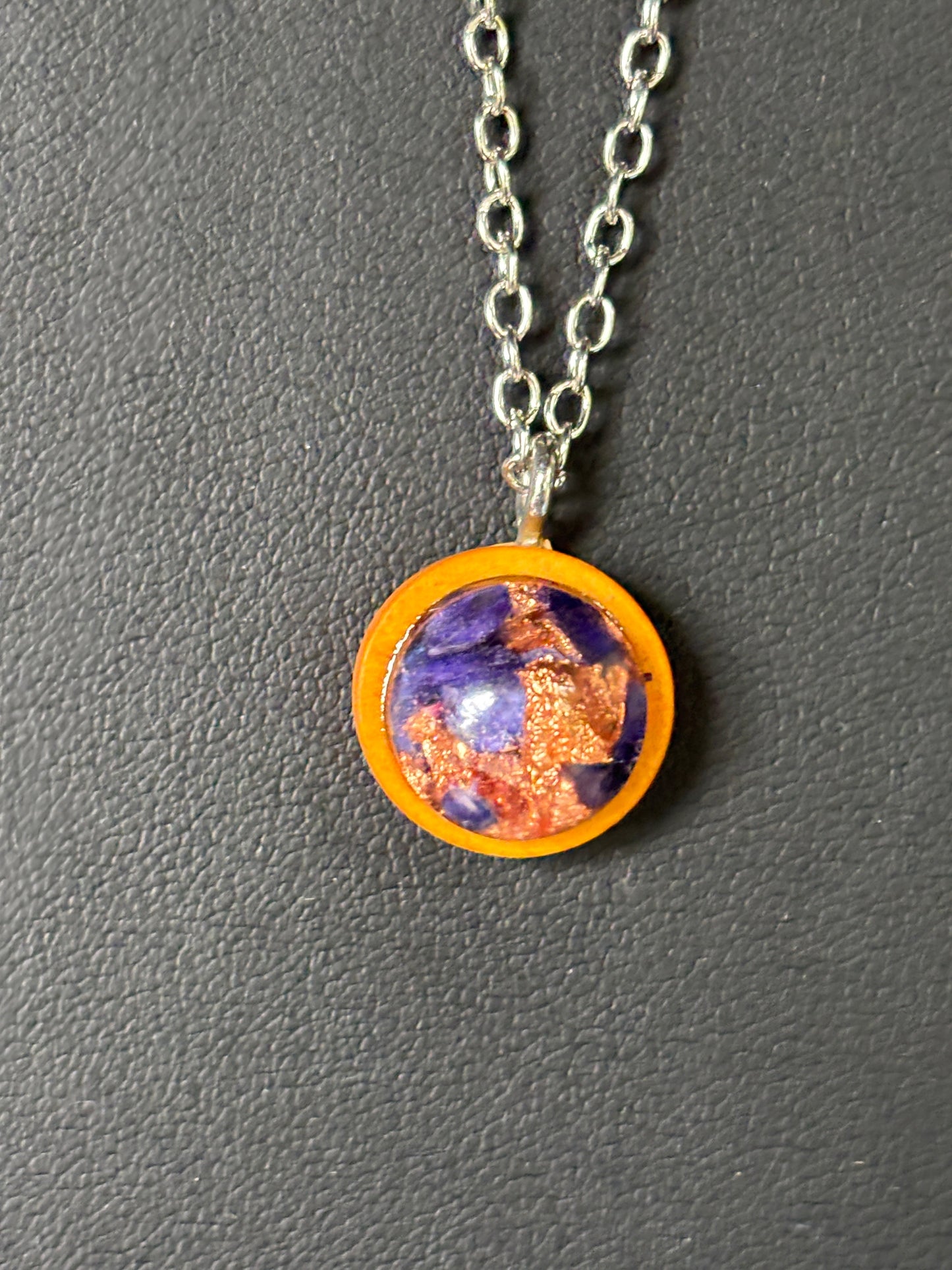 Blue Grape Hyacinth & Copper on wood pendant Necklace