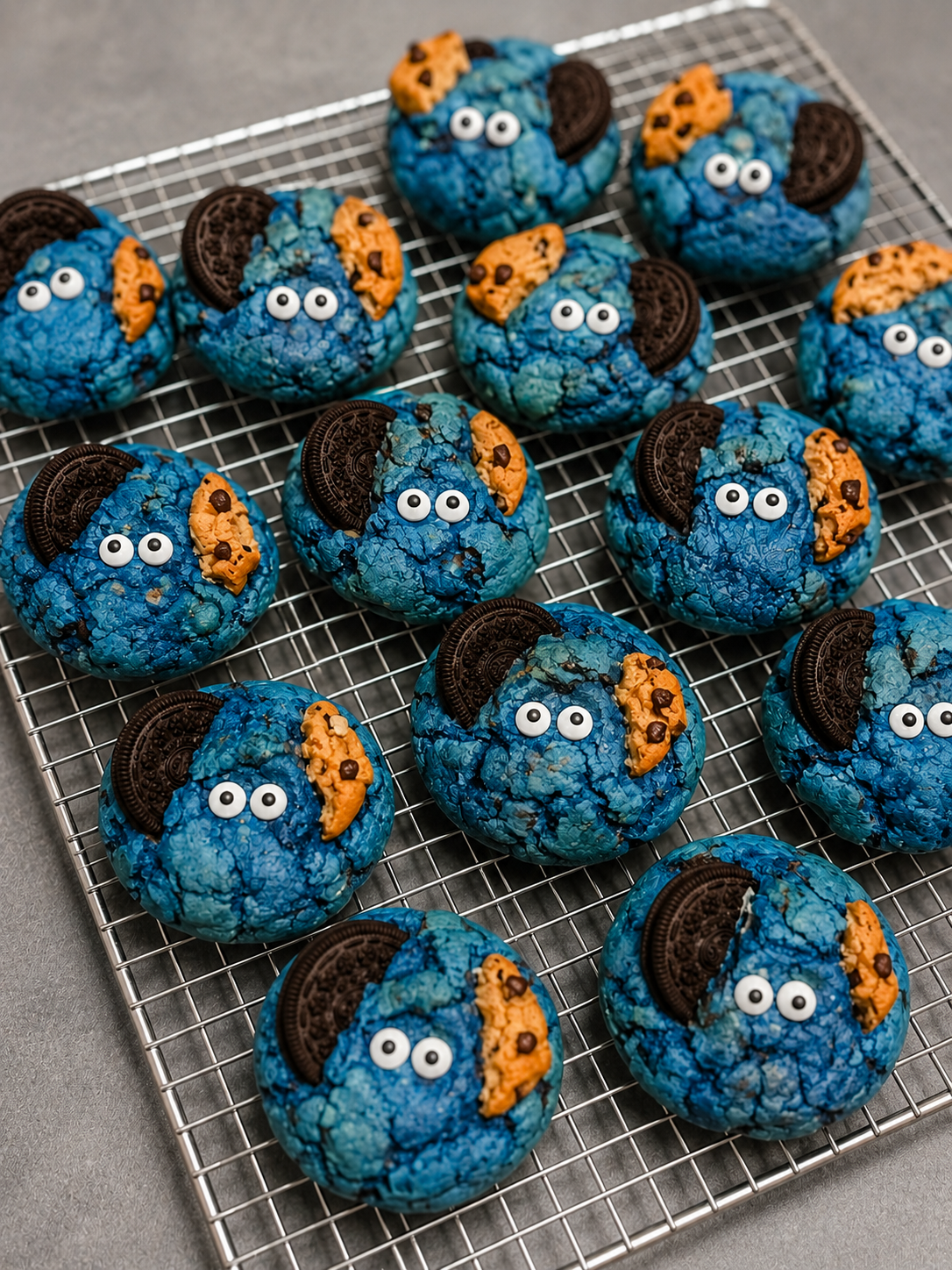 Blue Cookie Monster cookies with googly eyes and chocolate cookie pieces on top