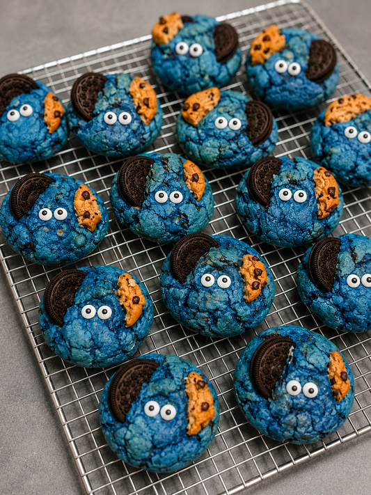 Blue Cookie Monster cookies with googly eyes and chocolate cookie pieces on top