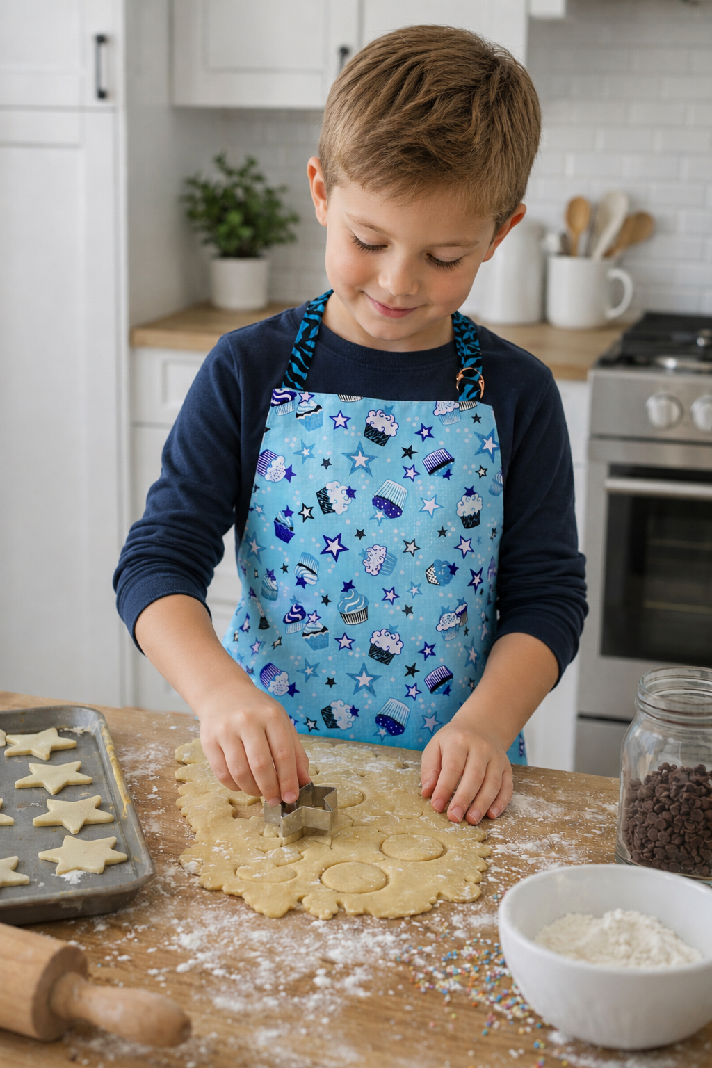 Kids reversible apron in blue cupcake-and-star print, worn while baking cookies.