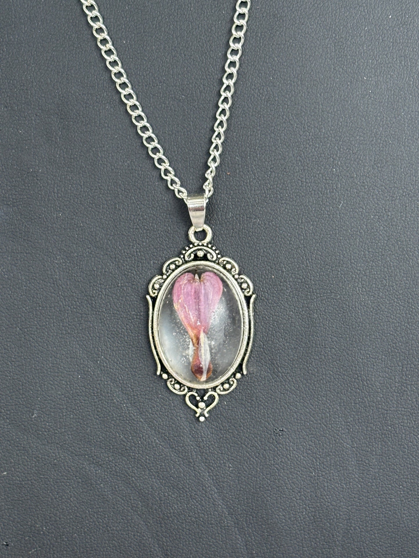 Bleeding Heart Domed See Threw  Back Silver Necklace