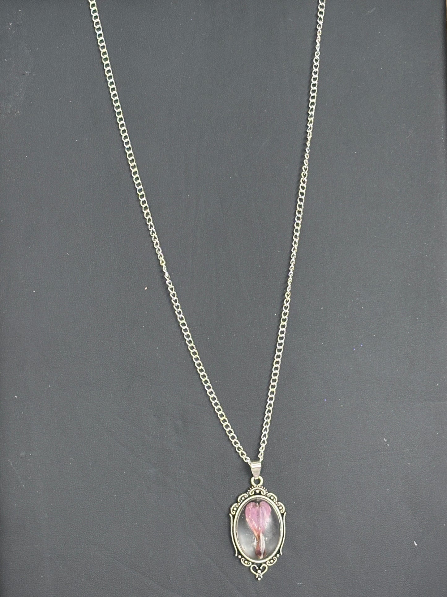 Bleeding Heart Domed See Threw  Back Silver Necklace