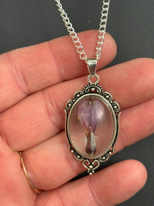 Bleeding Heart Domed See Threw  Back Silver Necklace