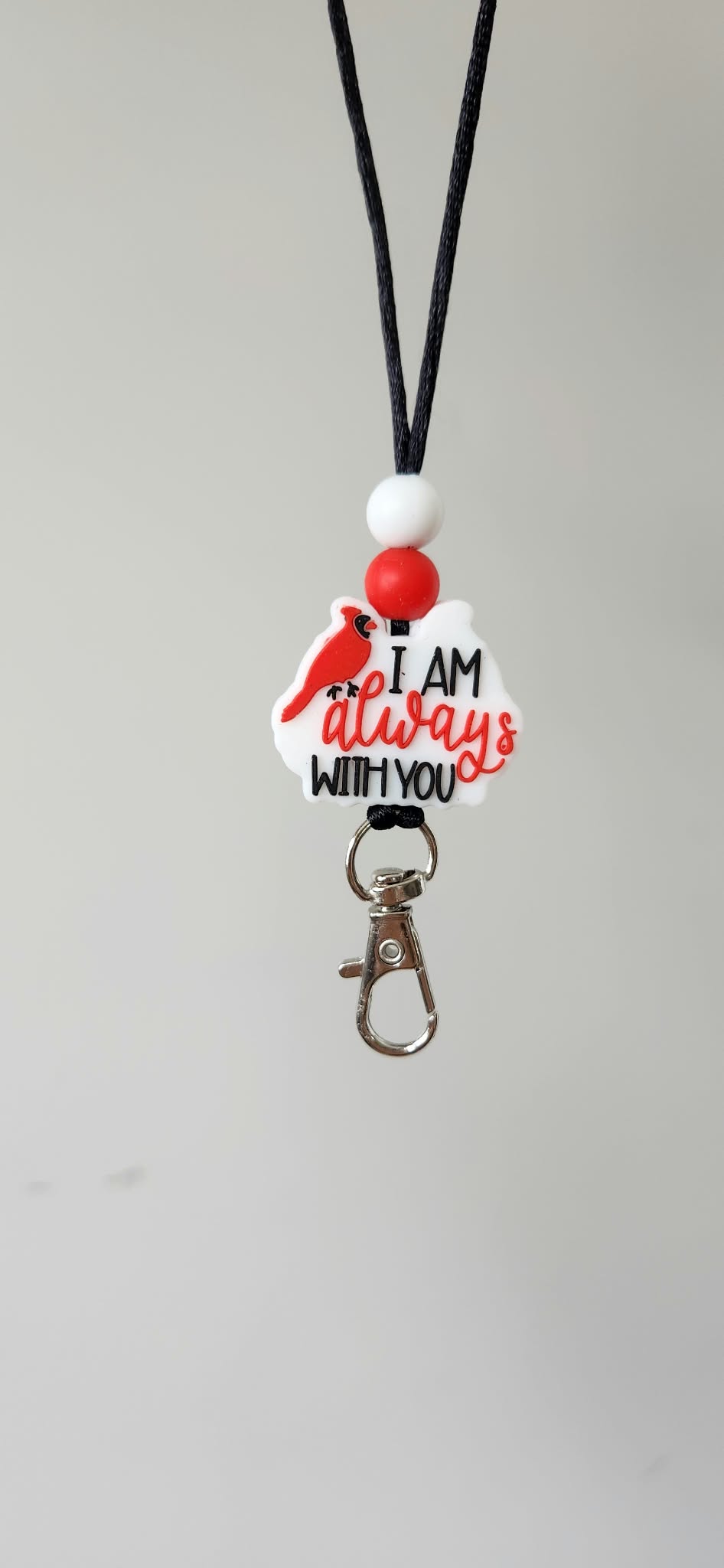 Car hanger keychain with red heart charm and white bead, text charm