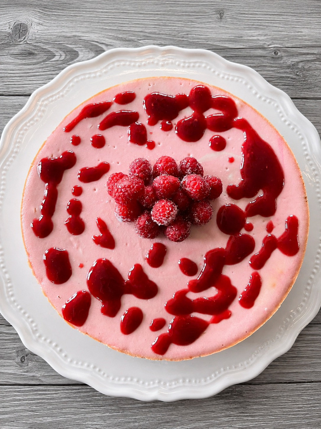 Pink velvet cheesecake with raspberry sauce and fresh berries on a white plate