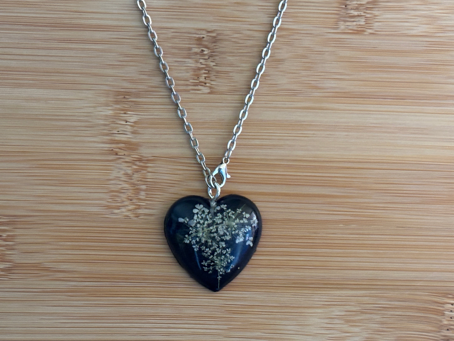 Queen Anne's Lace on Black Heart with Silver Chain Necklace