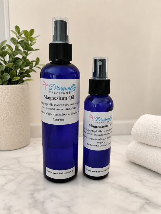 Dragonfly Creations magnesium oil spray bottle, blue glass, black mist cap